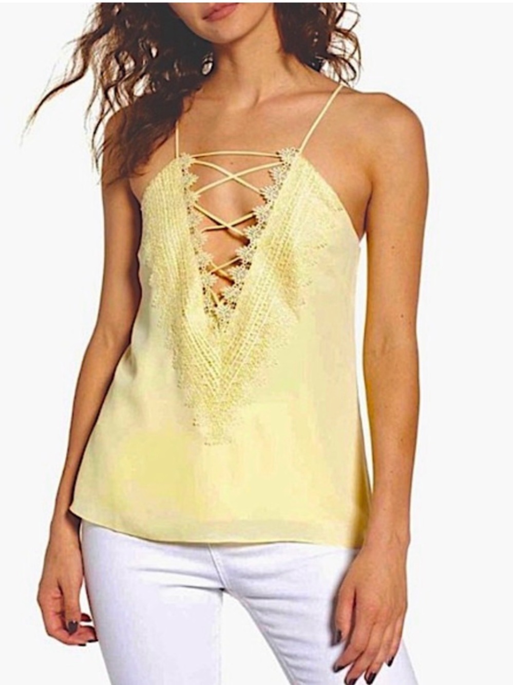 WAYF Lace-Up V-Neck Yellow Cami Top Boho Chic Tank Top